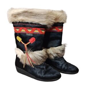 Vintage Tecnica Boots Womens Size 10.5 Black Fur Mid Calf Winter Snow Made Italy